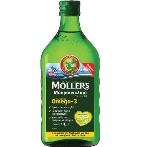 Moller’s Μουρουνέλαιο Cod Liver Oil Λεμόνι 250ml. Μουρουνέλαιο της Moller’s με γεύση λεμόνι, συνδυασμός φυσικών ω-3 λιπαρών οξέων με βιταμίνες D3, A και Ε.