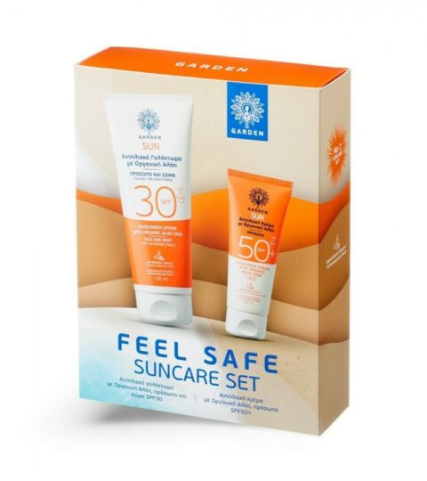 Garden Feel Safe Suncare Set Sunscreen Face & Body Lotion Αντηλιακό Γαλάκτωμα Προσώπου-Σώματος με Οργανική Αλόη SPF30 150 Ml + Sunscreen Cream Αντηλιακή Κρέμα Προσώπου με Οργανική Αλόη SPF50+ 50 Ml