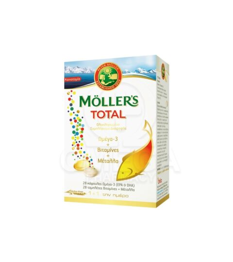 MOLLER’S Total 28 Συμπλήρωμα Διατροφής Ωμέγα 3, Βιταμινών & Μετάλλων για Ολοκληρωμένη Ενίσχυση του Οργανισμού 28 Caps + 28 Tabs