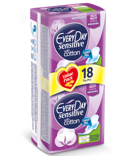 EVERYDAY – VALUE PACK SENSITIVE WITH COTTON Σερβιέτες Maxi Night Ultra Plus – 18τεμ.